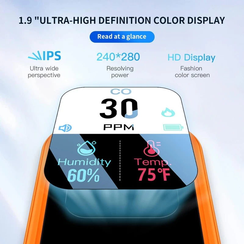 CEKKIENA [3-in-1] Carbon Monoxide Detector Portable Mini Air Quality Monitor with Lanyard & Kickstand Smoke Alarm CO Meter Temperature Humidity Sensor Built-in 1000mAh Battery Indoor/Outdoor (Orange)