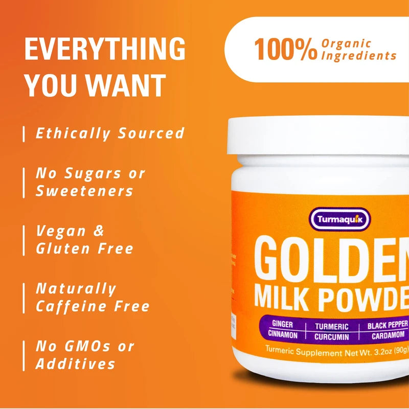 Turmaquik Organic Golden Milk Turmeric Latte, Superfood Blend of Ginger, Black Pepper, Curcumin, Cinnamon, Cardamom - Non-GMO, Vegan, Keto, Ayurvedic (3.2 Ounce)