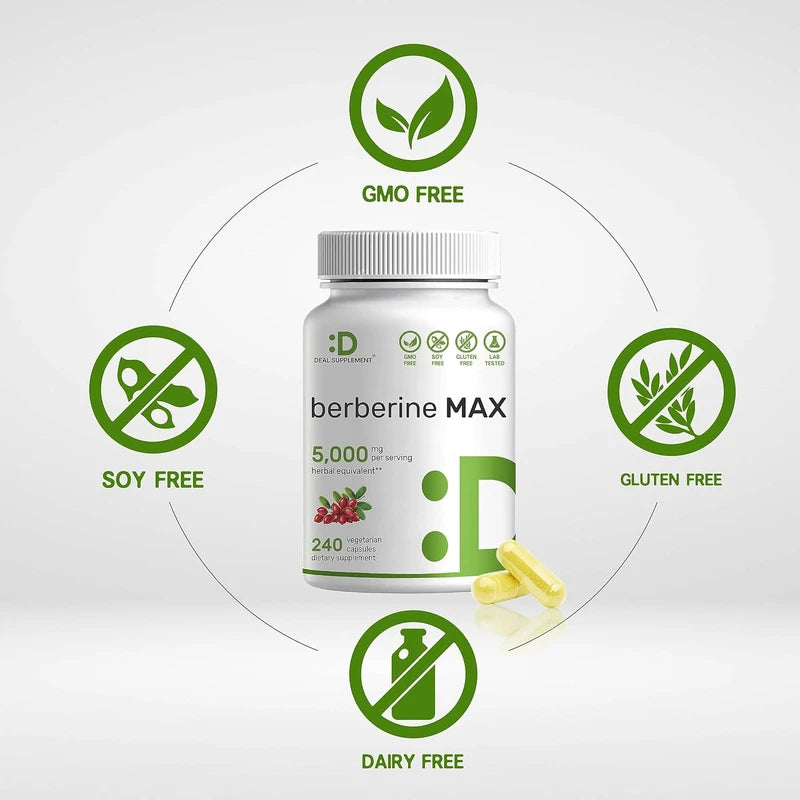 Berberine Max Supplement, 5,000mg Per Serving, 240 Veggie Capsules – 97% Pure Berberine HCL – 25:1 Root Extract – Vegetarian Friendly, Non-GMO