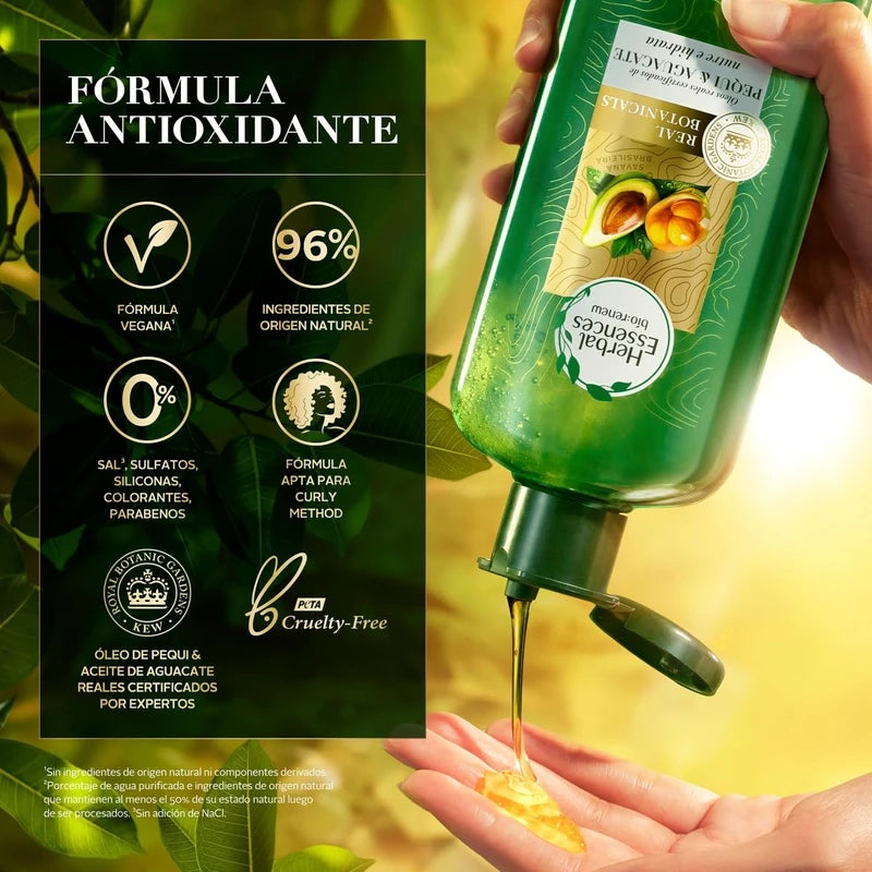 HERBAL ESSENCES Bio:Renew, Shampoo sin sulfatos ni parabenos para cabello seco, maltratado y/o rizado Nutre e Hidrata Pequi & Aguacate 400 ml