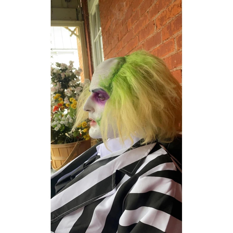 PORSMEER Mens Beetlejuice Wig - Premium Betelgeuse Green Ombre Hair short Wig with Bald Cap - Compatible with Beetlejuice Cosplay Wig | idea for Halloween Beetlejuice Costume