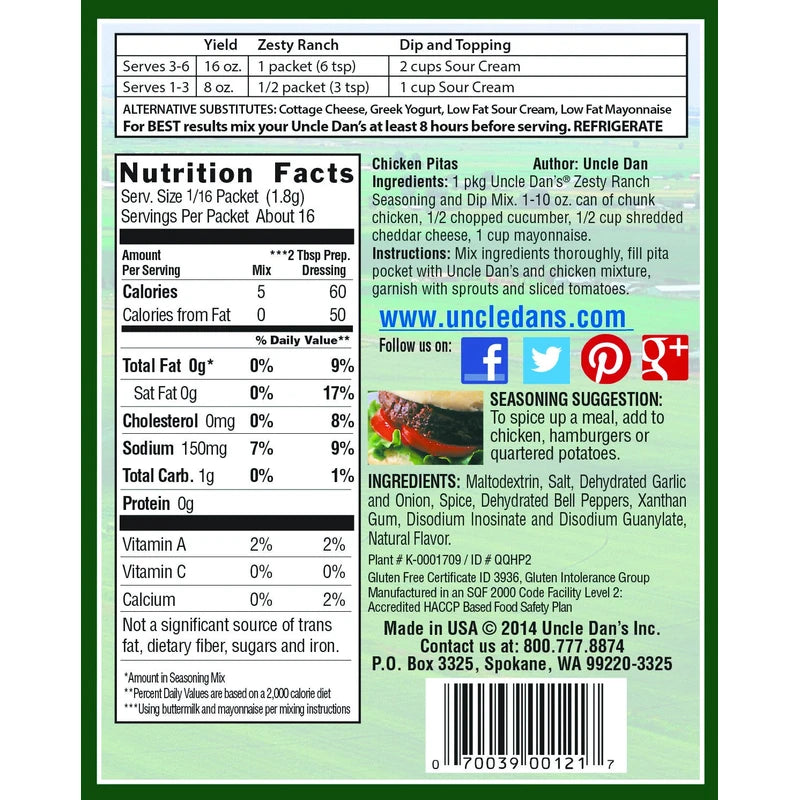 Uncle Dan's Salad Dressings, Dips and Seasonings Zesty Ranch Mix Single 1 Oz Packet