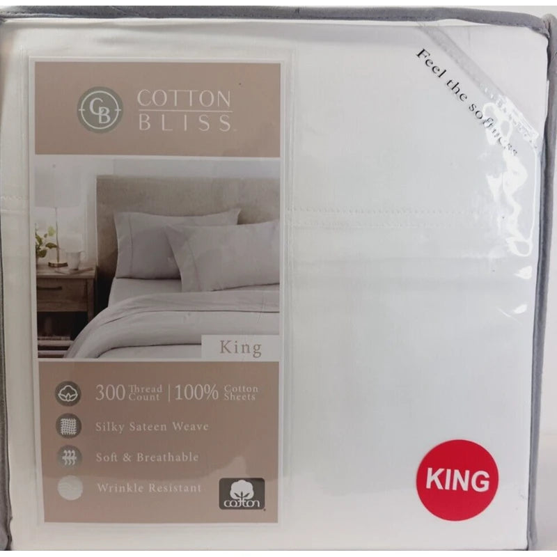 Cotton Bliss King White Sheet Set 300 TC 4pc 100% Cotton Sheet Set Soft New