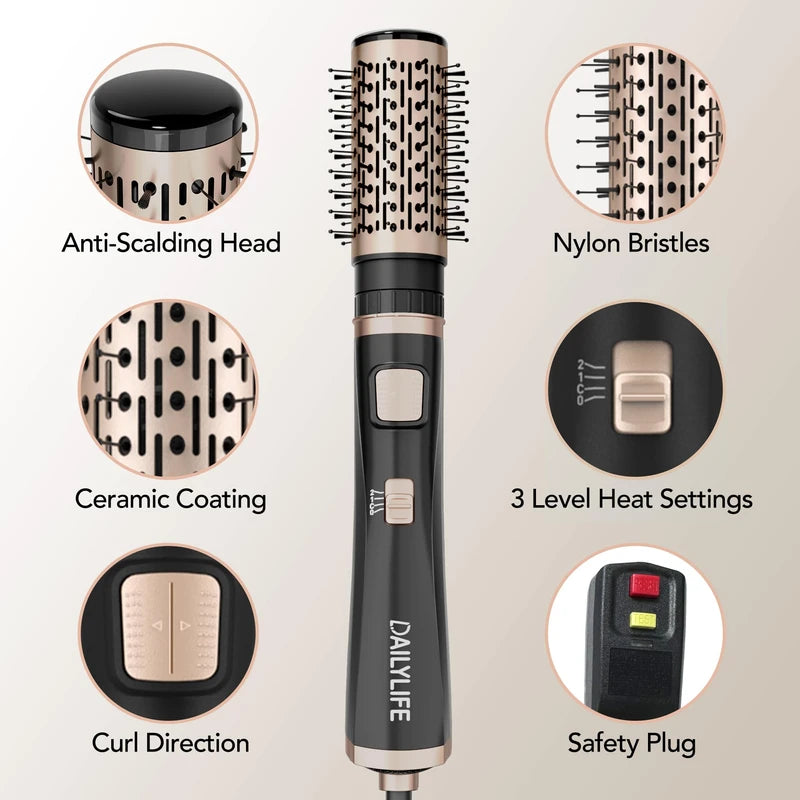DAILYLIFE Blow Dryer Brush, Rotating Hair Dryer Brush with Detachable Brushes, Ionic Heated Round Brush, 3-in-1 Hot Air Spin Brush Set, 3 Temperature Settings, for All Hair Types