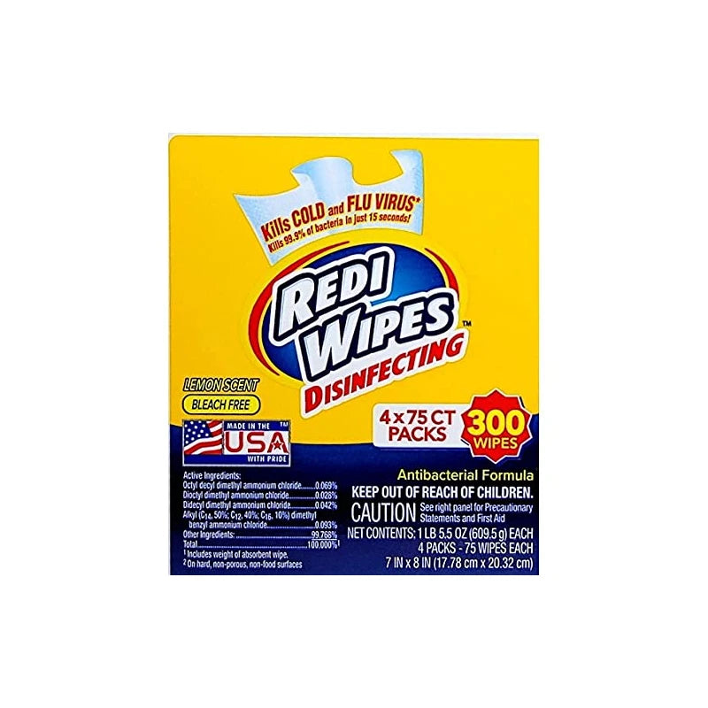 REDI Wipes DISINFECTING I Lemon Scent I Bleach Free I ANITBACTERIAL Formula I 4 X 75CT Packs (300 Wipes) I Made in The USA