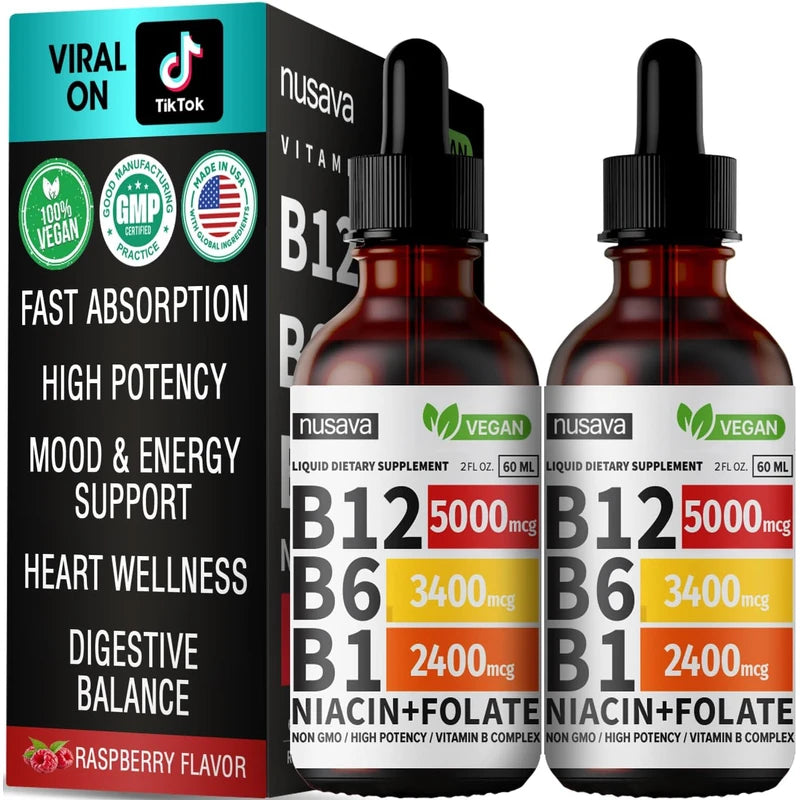 NUSAVA (2 Pack) Vitamin B12 Liquid Drops, Vitamin B Complex, Vegan B12 Sublingual 5000 mcg with Vitamin B6, Liquid B12 Methylcobalamin Supports Energy, Brain & Heart with 27,200 mcg Per Serving, 80 Servings
