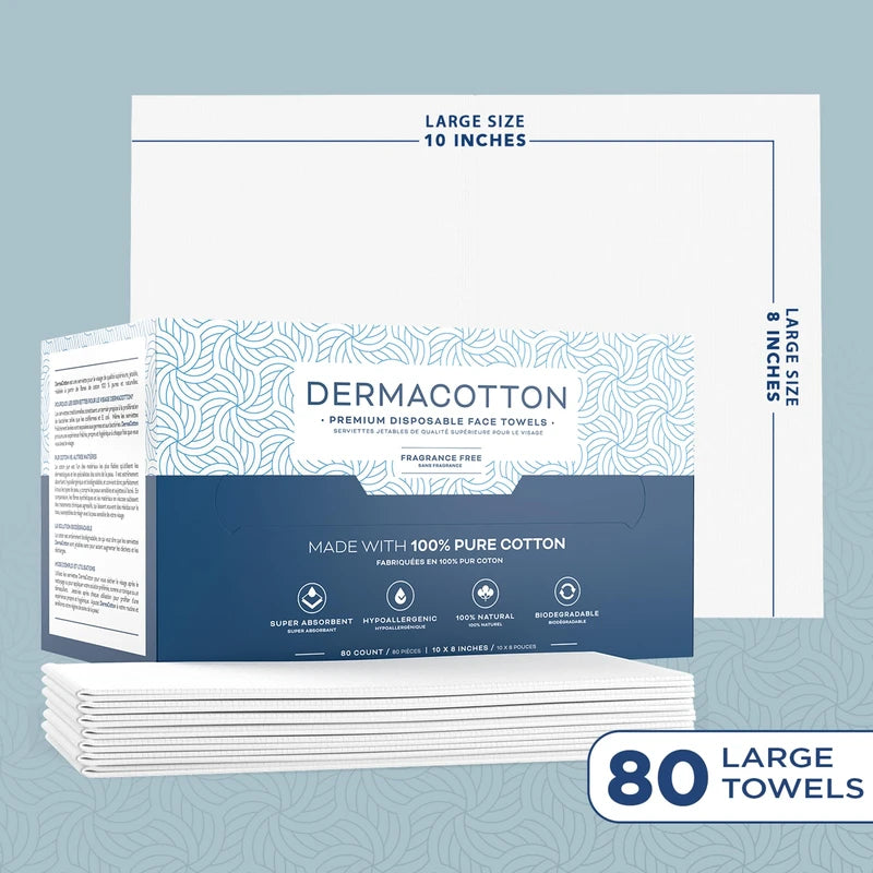Dermacotton Value Pack [80 Disposable Cotton Towels], 10x8 inches, 100% Biodegradable Face Towels – Super Soft Face Wipes, Hypoallergenic Makeup Remover Wipes. Sensitive Skin, Facial Cloths