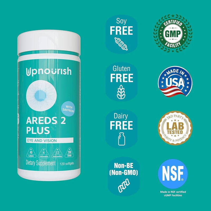 UpNourish AREDS 2+ Advanced Eye Vitamin | Eye Health | Macular & Dry Eye Support | Lutein, Zeaxanthin, Saffron, Astaxanthin & DHA | 120 Softgels
