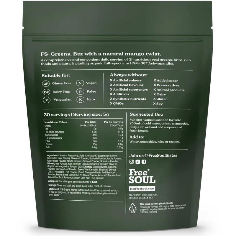 FS-Greens | 21 Advanced Greens, Superfoods, and Adaptogens Including KSM-66® Ashwagandha | Vegan & Gluten-Free | Advanced Formula | UK Made | Free Soul (30 Servings) (Mango)