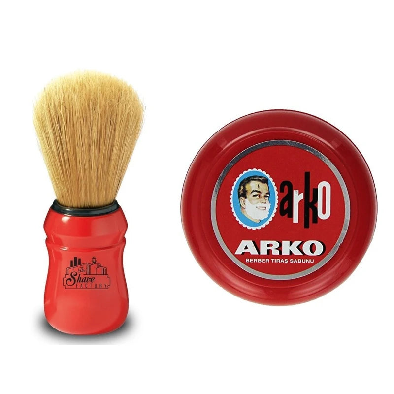 Arko/Omega Shaving Soap 90g in Traditional Bowl Case + TSF Shaving Brush Natural Boar Bristle, Red