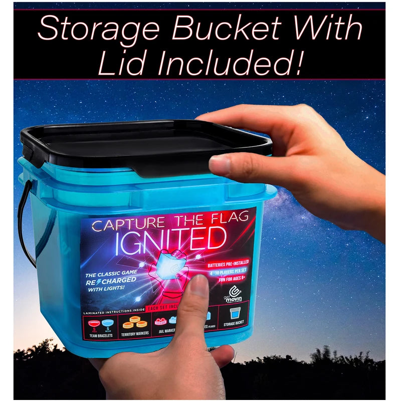 GETMOVIN SPORTS Capture The Flag Ignited Kit with Glow-in-The-Dark LED Game Pieces and Storage Bucket Outdoor Yard Game Fun!