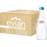 evian Sparkling Carbonated Natural Mineral Water 330ml Glass Bottle, Case of 20 Bottles