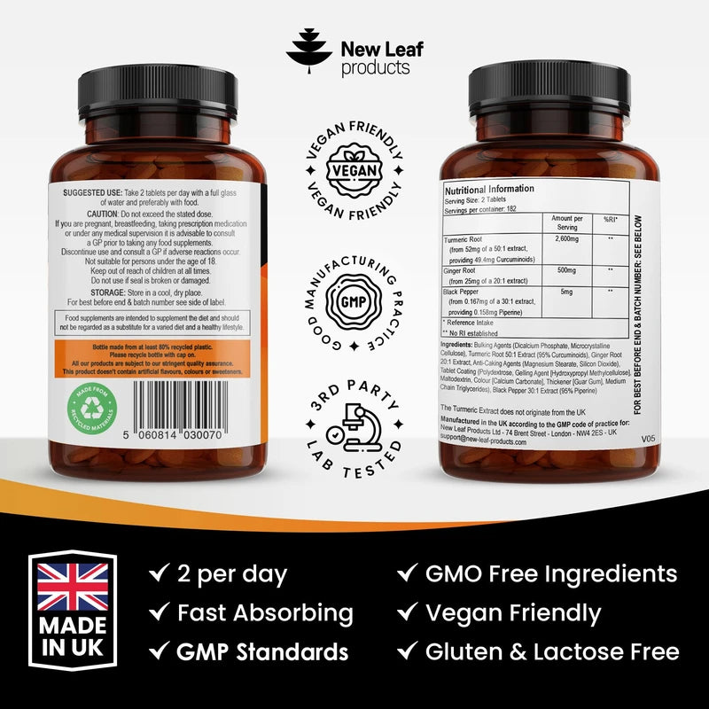 NEW LEAF PRODUCTS Turmeric Tablets 2600mg High Strength with Black Pepper & Ginger (6 Months Supply) Active 95% Turmeric Curcumin Supplements 365 Tablets Not Capsules, Vegan, UK Made by New Leaf