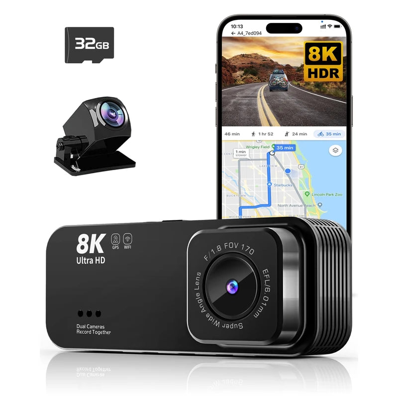 Dash Cam Front and Rear, Ultra HD 8K Dash cam, Dash Camera with Night Vision, Dash Camera for Cars, Built-in Wi-Fi & GPS, WDR, 3.16" IPS Screen, 170°Wide Angle, Free 32GB Card, 24Hrs Parking Mode
