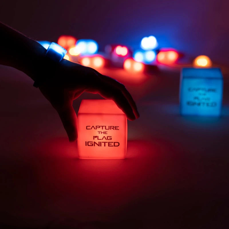 GETMOVIN SPORTS Capture The Flag Ignited Kit with Glow-in-The-Dark LED Game Pieces and Storage Bucket Outdoor Yard Game Fun!