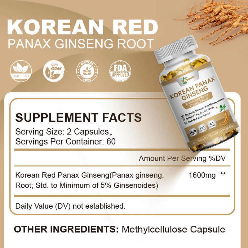 ZHPHK - Korean Red Panax Ginseng 1600mg 120 Capsules - No Fillers Extra Strength NON-GMO