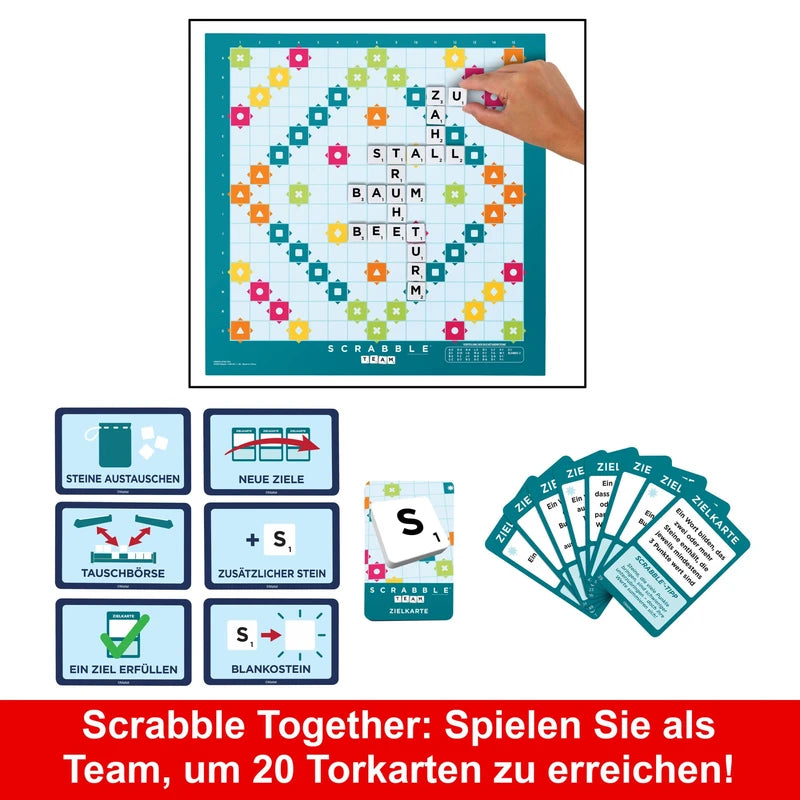 MATTEL GAMES Scrabble Two in One Double-Sided Board Game for Fast, Casual and Cooperative Game, Includes 50 Target Cards for Scrabble Together, Easy Scoring, HWD45