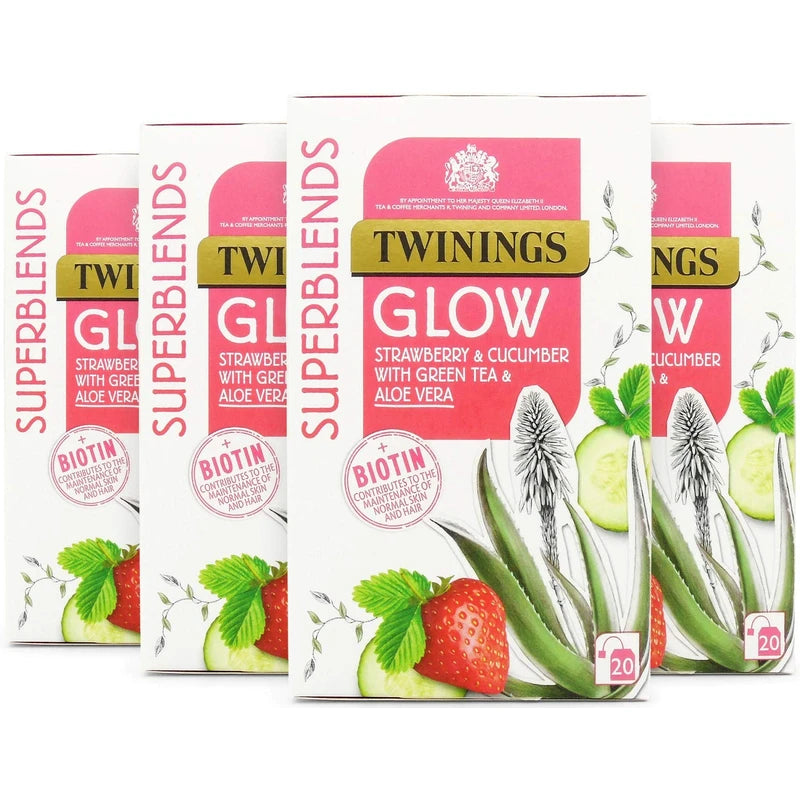 Twinings Superblends Glow Tea - Strawberry & Cucumber Green Tea with Aloe Vera & Biotin for Skincare & Hair Care, 80 x Biodegradable Tea Bags