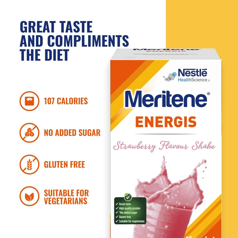 Meritene Energis Strawberry Shake | 30g Shake Powder Sachets, Pack of 15 | Nutritional Shake Mix with Proteins and Vitamins